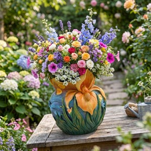 Vase décoratif artistique avec fleurs sculptées en relief multicolore