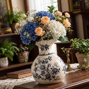 Vaso decorativo in ceramica con motivo floreale blu e bianco in classico stile cinese, 26,5 cm