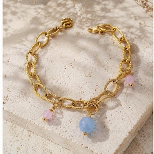 Armband gold mit Anhängern I Perlen Rosa hellblau | Edelstahl vergoldet | chain Armband