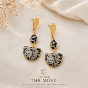 lange Ohrringe Edelstahl hypoallergen gold Dalmatit Jaspis echter Stein Leopard Muster