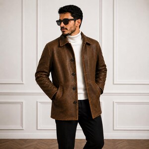 Könnte beinhalten: Braune Lederjacke mit Knopfleiste, Kragen und zwei Vordertaschen. Getragen über einem weißen Rollkragenpullover und einer schwarzen Hose. Die Person trägt eine schwarze Sonnenbrille.