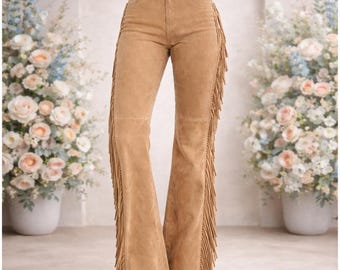 Pantalones acampanados de cuero con flecos de gamuza color canela para mujer, estilo western bohemio, cintura alta.