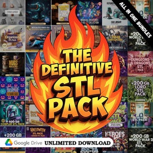 May include: A digital collage of various 3D printable STL file collections featuring themes like creatures, vehicles, and home decor, centered around a large orange and yellow flame graphic with the text THE DEFINITIVE STL PACK.