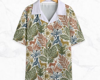 Men's Botanical Hawaiian Shirt, Deer Floral Print Camp Collar, Linen-Look Vacation Top