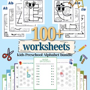 Op de afbeelding: Een bundel van 100+ alfabetwerkbladen voor kleuters (1-5 jaar). De werkbladen bevatten ABC-puzzels, letters matchen en kleuractiviteiten. De afbeelding toont ook een schaar, een potlood en kleurpotloden.