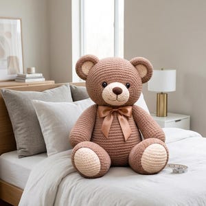 May include: A large, handmade crochet teddy bear in shades of brown and cream, with a satin bow. The bear is sitting on a bed with white linens. A measuring tape is on the bed.