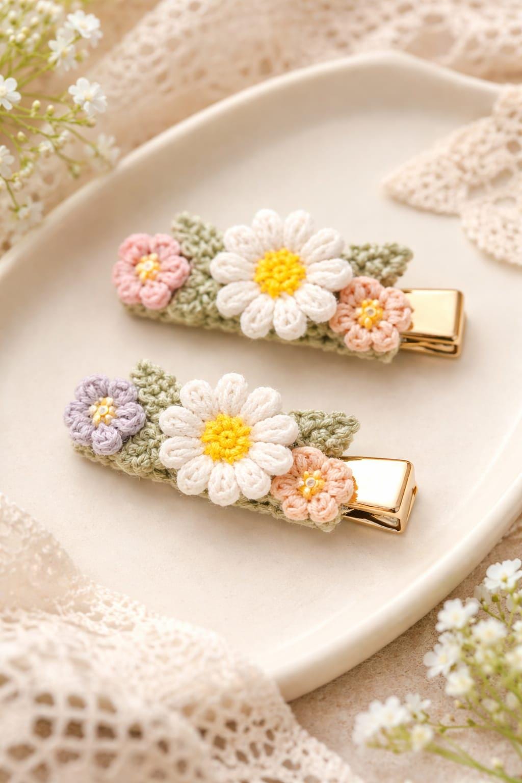 36 Crochet Hair Clips with Sunflowers, Bows, Flowers, and Fruit 26 Crochet Daisy Hair Clip Pattern Floral Barrette Tutorial