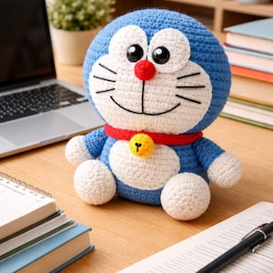 May include: A handmade blue and white crochet plush toy of a cartoon character with a red nose and collar, and a yellow bell. The toy is sitting on a wooden desk next to a laptop, books, and a pen.