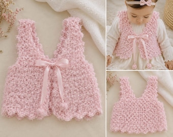 Crochet Baby Vest Pattern, Fuzzy Pink Cardigan, Beginner PDF, Ribbon Tie (0–18 Months)