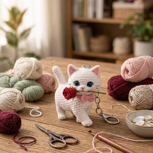 Puede incluir: Un llavero de gato blanco tejido a ganchillo, con ojos azules y una pajarita rosa, sosteniendo una rosa roja en la boca. La imagen incluye ovillos de lana, tijeras y un ganchillo, sugiriendo un tema artesanal.