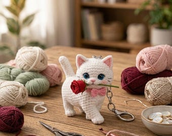 May include: A white crocheted cat keychain with blue eyes and a pink bow tie, holding a red rose in its mouth. The cat is surrounded by yarn balls in various colors, scissors, and a crochet hook, suggesting a crafting theme.