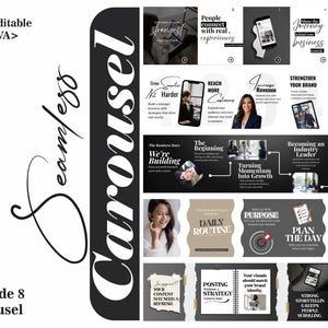 May include: A digital template set for social media featuring a seamless carousel design. The layout includes multiple panels with black, white, and beige color schemes, incorporating various text blocks, business-themed graphics, and placeholders.