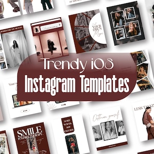 May include: A collection of digital Instagram templates featuring a variety of layouts with dark red and white color schemes, including text overlays like Trendy iOS Instagram Templates, Smile It's Free Therapy, and Make Waves Not Excuses.