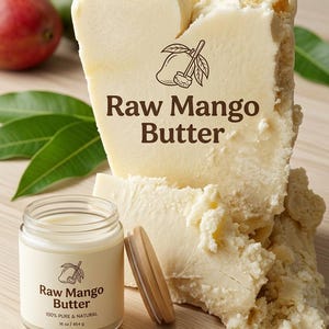 Könnte beinhalten: Rohe Mangobutter in einem Block und einem Glas. Auf dem Glas steht "Raw Mango Butter, 100% Pure & Natural, 454 g". Ein Holzlöffel enthält eine kleine Menge Butter. Mangos und Blätter sind im Hintergrund zu sehen.