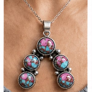 Pink and Blue Turquoise Pendant Necklace, Cotton Candy Turquoise Silver Pendant, Statement Boho Necklace, Native Style Trapeze Pendant Gift