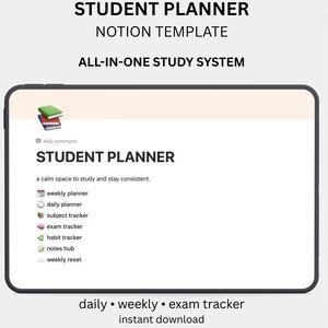 May include: A digital student planner template on a tablet screen. The display reads "STUDENT PLANNER" and "ALL-IN-ONE STUDY SYSTEM". It includes weekly, daily, and exam trackers. The text "instant download" is also visible on the screen.