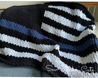 Chunky Knit Thin Blue Line Flag Throw Blanket, Hand Knit Chenille Flag, Police Gift, Patriotic Home Decor, Police Family Gift