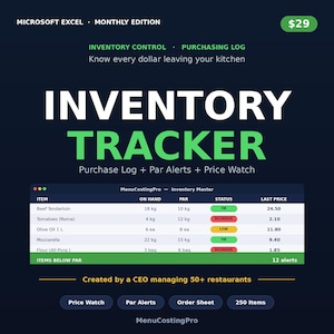 May include: A digital inventory tracker for Microsoft Excel. The design features a dark blue background with white and green text. The tracker includes sections for item, on hand, par, status, and last price. The price is $29.