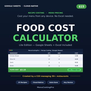 May include: A dark blue graphic promoting a food cost calculator. The text reads "FOOD COST CALCULATOR" in large white and green letters. It includes a sample recipe costing table with ingredients and costs. The calculator is cloud-native and works on any device.