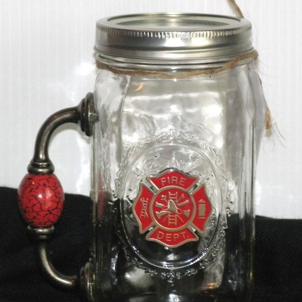FIREFIGHTER Cowboy Chugger Fireman REDNECK Beer Mug Big Mason Jar w/ handle - Fire Dept metal