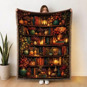 Manta com estampa de estante de livros, manta de tecido estilo Dark Academia, decoração aconchegante para casa com tema de biblioteca e estilo cottagecore, presente perfeito para leitoras e amantes de livros.
