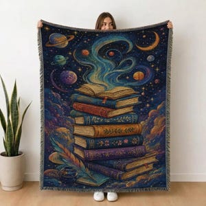 Celestial boekenstapeldeken, Mystic Cottagecore geweven plaid voor boekenliefhebbers, Cosy Galaxy Library Decor leescadeau