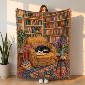 Manta com estampa de estante de livros, manta de tecido estilo Dark Academia, decoração aconchegante para casa com tema de biblioteca e estilo cottagecore, presente perfeito para leitoras e amantes de livros.