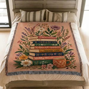 Floral Book Stack Blanket, Rustic Cottagecore Woven Throw, Cozy Library Decor Blanket, Unique Gift for Book Lovers