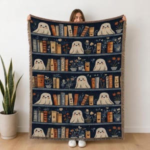 Coperta tessuta in stile vintage da biblioteca, coperta con motivo a libreria fantasma per un accogliente angolo lettura, regalo unico per amanti dei libri.
