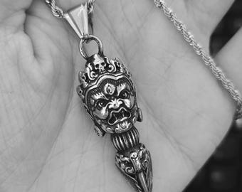 Mahakala Phurba Vajra Pendant Necklace, Tibetan Gothic Stainless Steel Streetwear Charm