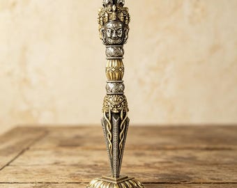 Tibetan Vajra Dagger Statue – Brass Copper Tri-Color Dorje, Hand-Carved Buddhist Ritual Decor