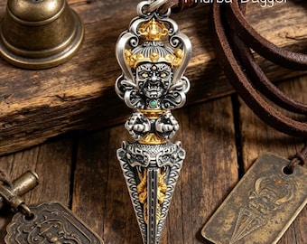 Phurba Pendant 925 Sterling Silver Vajrakilaya Amulet Necklace Tibetan Dorje Charm Vintage Oxidized Jewelry