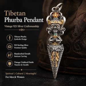 Phurba Pendant 925 Sterling Silver Vajrakilaya Amulet Necklace Tibetan Dorje Charm Vintage Oxidized Jewelry