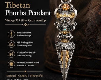 Phurba Anhänger 925 Sterling Silber Vajrakilaya Amulett Halskette Tibetanischer Dorje Charme Vintage oxidierter Schmuck