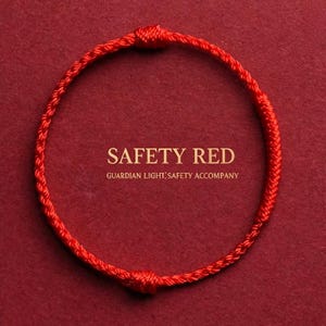 Puede incluir: Una pulsera roja brillante tejida con un cierre anudado. La pulsera circular se encuentra sobre un fondo rojo. El texto "SAFETY RED" y "GUARDIAN LIGHT, SAFETY ACCOMPANY" están impresos en blanco.