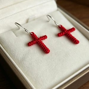 Handmade Cross Red String Earrings - Minimalist, Adjustable, Unisex Faith Jewelry