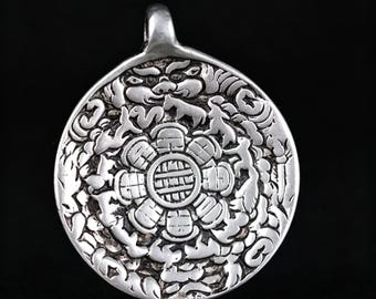 925 Silver Tibetan Nine Palace Bagua Pendant, Double-Sided Buddhist Amulet, Ethnic Vintage Necklace Charm
