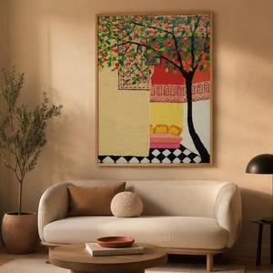 May include: A rectangular framed wall art piece featuring a vibrant painting of a tree with green and red leaves, a yellow wall, a red patterned section, a pink bench, and a black and white checkered floor, all enclosed in a light wood frame.