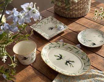 Juego de cerámica artesanal Swallow & Willow, gres moteado minimalista, juego de desayuno artesanal, plato cuadrado, fuente ovalada, plato redondo, taza de té.