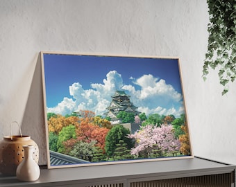 Japanese Castle Landscape Poster | Framed Wall Art, Cherry Blossoms & Autumn Trees