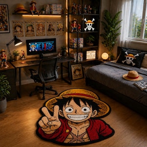 Alfombra de lana tejida a mano con temática de anime, decoración del personaje pirata Luffy, alfombra para habitación de jugador de manga.