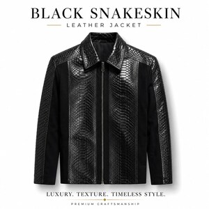 May include: A black jacket featuring a snakeskin-textured leather pattern on the collar, front panels, and sleeves, contrasted with smooth black fabric panels. The jacket includes a central silver zip and displays the text BLACK SNAKESKIN LEATHER JACKET.