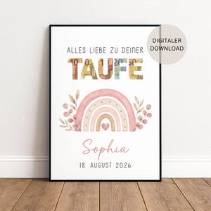 May include: A framed print with the text "ALLES LIEBE ZU DEINER TAUFE" above a watercolor rainbow design. The word "TAUFE" is filled with images of Euro banknotes. The name "Sophia" and the date "18. AUGUST 2026" are below the rainbow.
