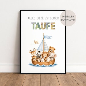 Könnte beinhalten: Ein gerahmter Druck mit einer Aquarellillustration eines Bootes, das verschiedene Tierfiguren trägt. Das Boot segelt auf blauen Wellen, mit einem blau-weiß gestreiften Segel. Der Text "ALLES LIEBE ZU DEINER TAUFE" steht oben.