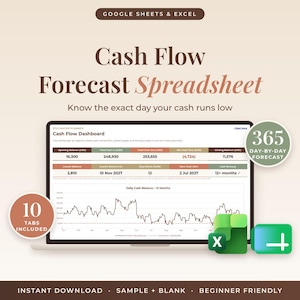May include: A digital cash flow forecast spreadsheet for Google Sheets and Excel. The interface displays a dashboard with financial data, a daily cash balance line graph, and icons for 10 included tabs and a 365 day-by-day forecast feature.