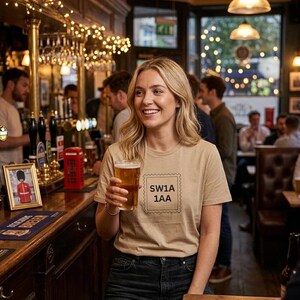 Könnte beinhalten: Eine Frau in einem Pub trägt ein beiges T-Shirt mit dem Aufdruck "SW1A 1AA" in einem Stempeldesign. Sie hält ein Bierglas, lächelt und ist von anderen Leuten umgeben. Die Bar ist aus dunklem Holz.