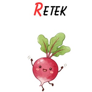 May include: A cartoon radish with a smiling face, green leaves, and the word "RETEK" in red and black text. The radish is pink and white, with small arms and legs.