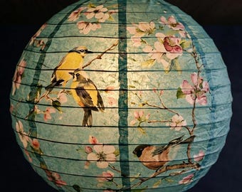 Blue Paper Lantern – Watercolor Birds and Peony Flowers Design 30cm(12")