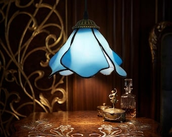 Tiffany Blue Glass Pendant Light - Vintage Lily Shade Hanging Lamp, Kitchen Island Fixture