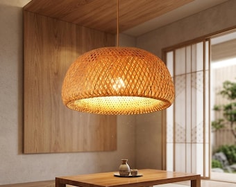 Handwoven Bamboo Lantern Pendant - Natural Rattan Hanging Light, E27 Socket Fixture